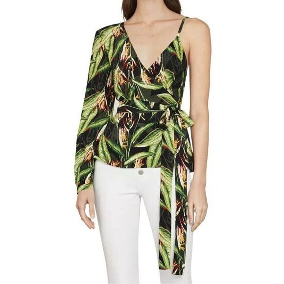 BCBGMAXAZRIA Women's Sz S Black Bird of Paradise One Sleeve Printed Top - Picture 5 of 6